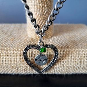 Hard Rock Cafe Heart Green Crystal Pearl Beaded Silver Necklace